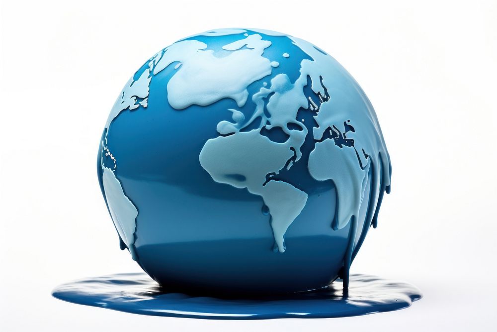 A blue liquid sitting on top of a globe sphere planet earth. 