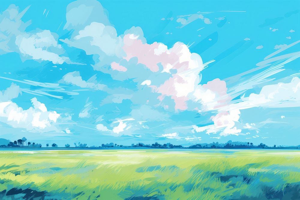 Blue sky grassland landscape outdoors. AI generated Image by rawpixel.