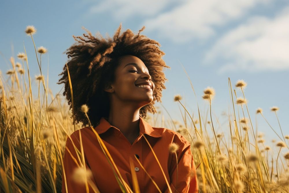 An happy affrican woman portrait landscape grass adult. AI generated Image by rawpixel.