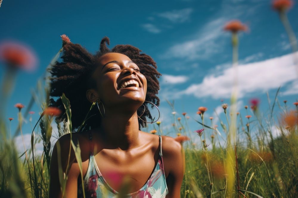 An happy affrican woman portrait landscape grass smile. AI generated Image by rawpixel.