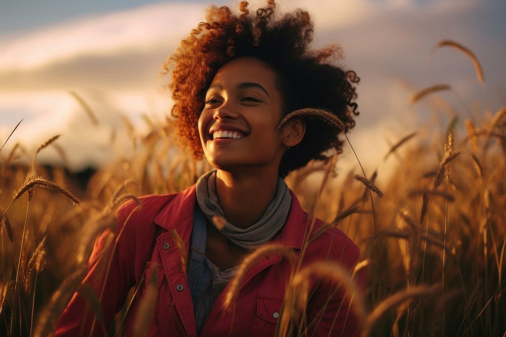 An happy affrican woman portrait photography landscape grass. AI generated Image by rawpixel.