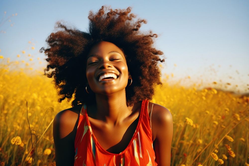 An happy affrican woman portrait landscape laughing grass. AI generated Image by rawpixel.