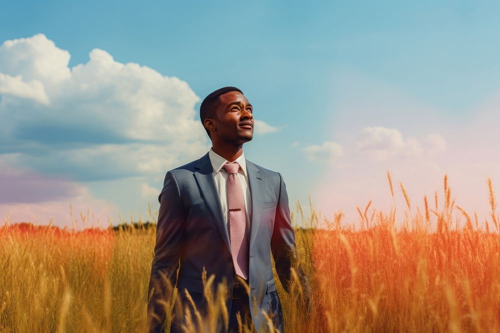 An happy bussiness affrican man portrait landscape grassland adult. AI generated Image by rawpixel.