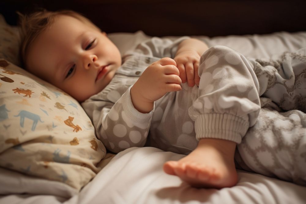 Close-up of a baby lying in bed playing with the toes blanket comfortable exhaustion. AI generated Image by rawpixel.
