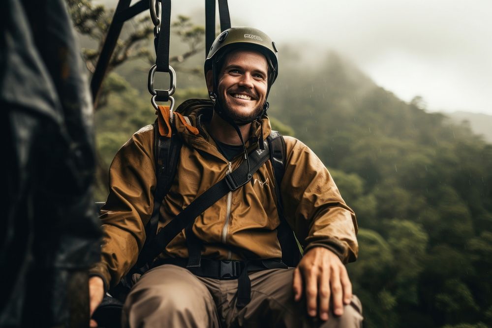 Freedom adult Man Tourist Wearing Casual Clothing On Zip Line Or Canopy Experience In Laos Rain Forest adventure clothing…