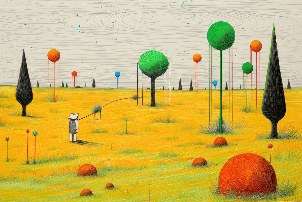 A pencil color painting of a grassland outdoors drawing balloon. AI generated Image by rawpixel.