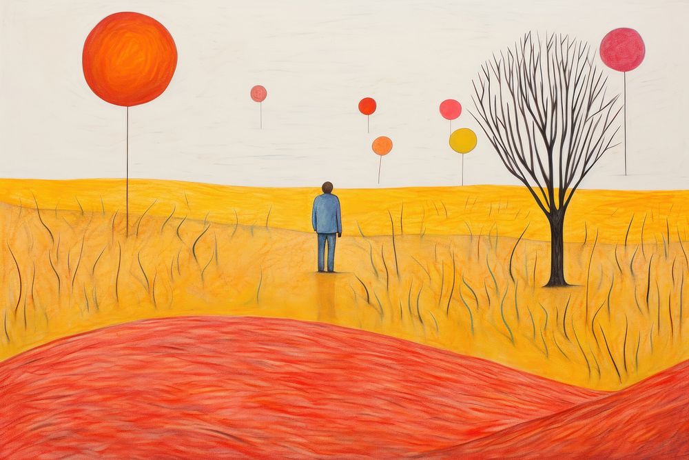A pencil color painting of a grassland drawing outdoors balloon. AI generated Image by rawpixel.