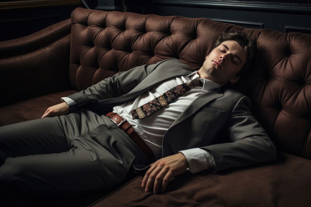 Business man sleeping furniture necktie. AI generated Image by rawpixel.