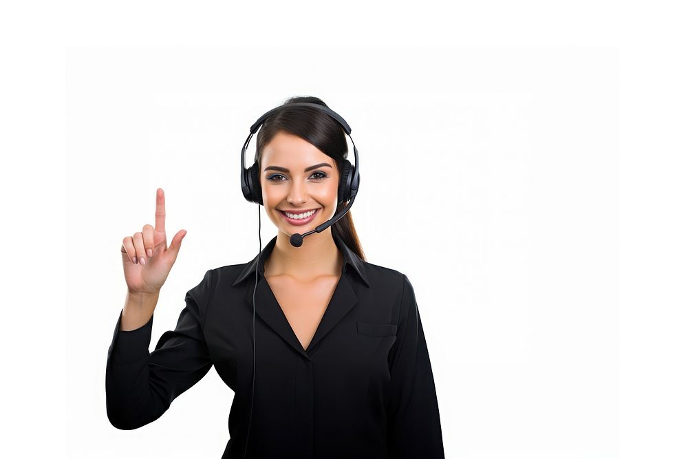 A female customer service worker wearing a headset hand headphones gesturing. AI generated Image by rawpixel.