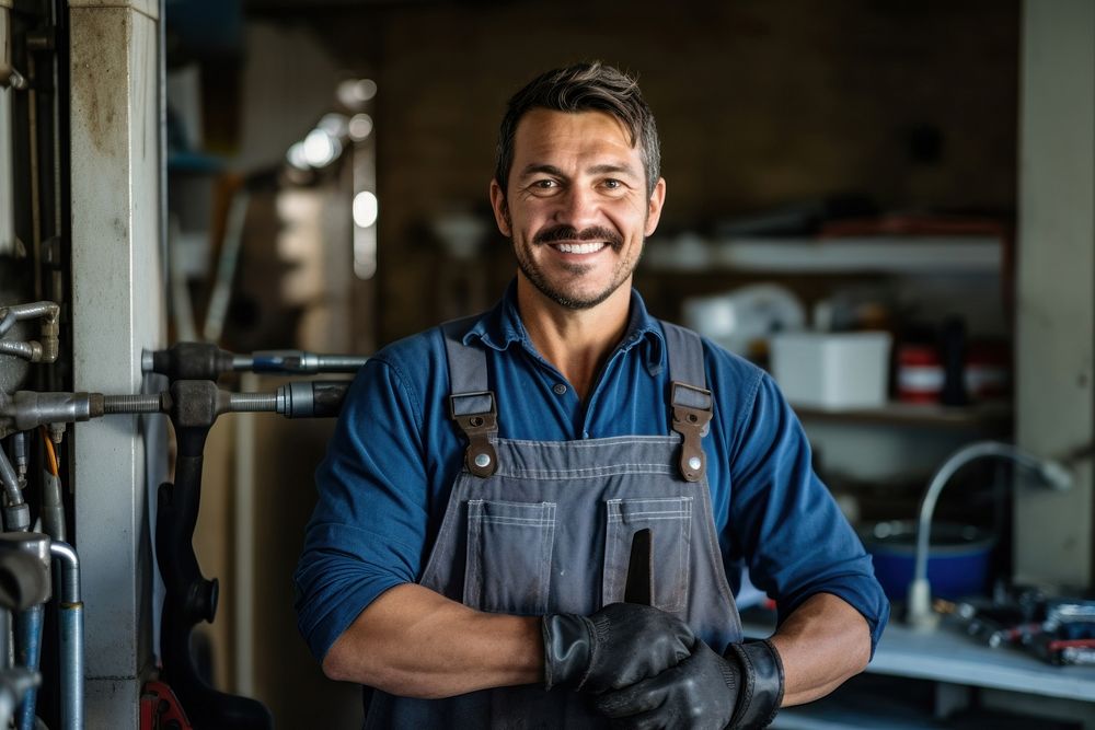 Plumber smiling holding adult male. AI generated Image by rawpixel.