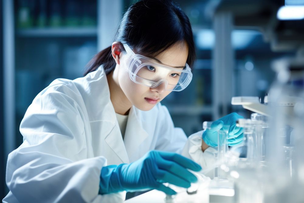 Asian female scientist adult glove biotechnology. AI generated Image by rawpixel.