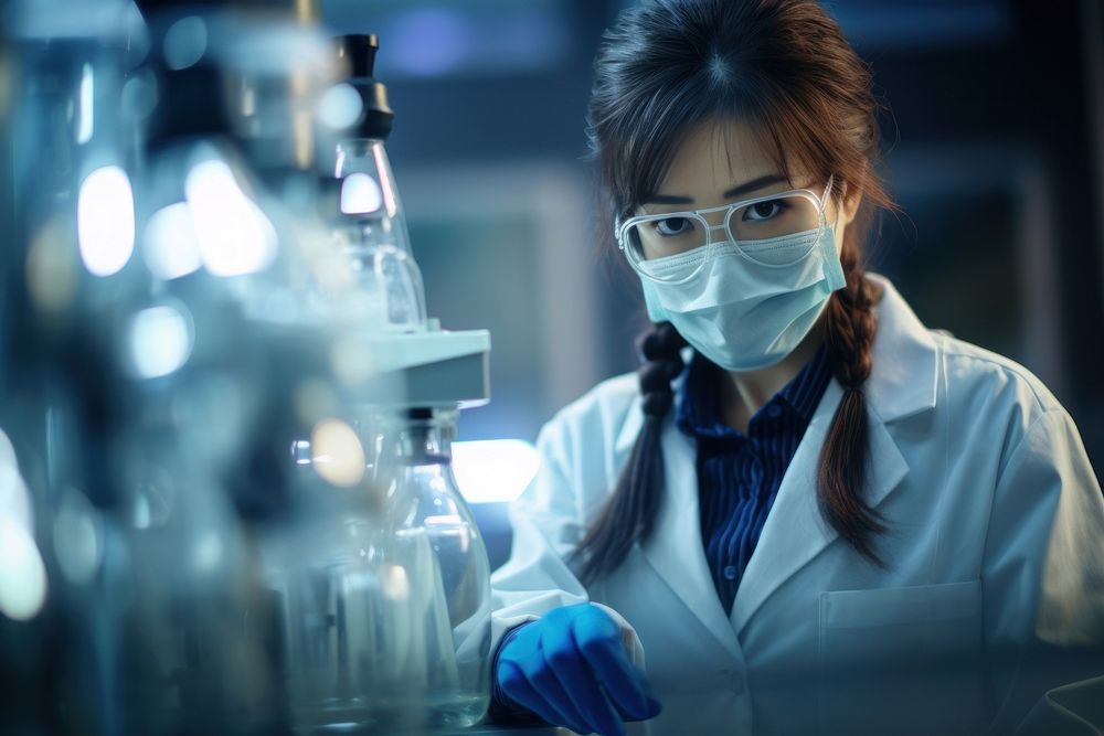 Asian female scientist laboratory adult glove. AI generated Image by rawpixel.