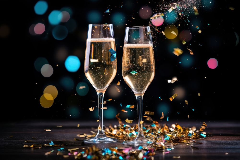 Champagne glasses celebration confetti drink. AI generated Image by rawpixel.