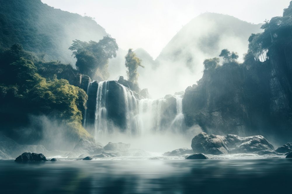 Beautiful waterfall landscape outdoors nature plant. AI generated Image by rawpixel.