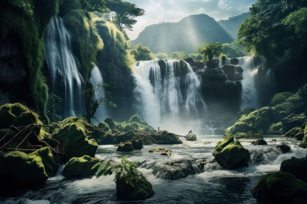 Beautiful waterfall landscape outdoors nature stream. AI generated Image by rawpixel.