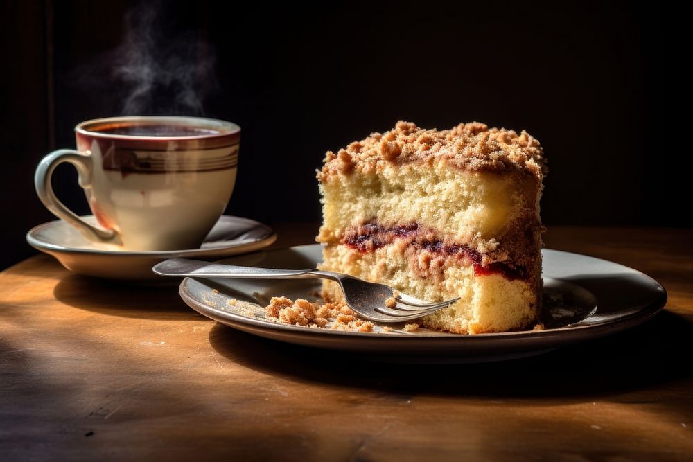 Coffee cake with coffee dessert saucer food. AI generated Image by rawpixel.