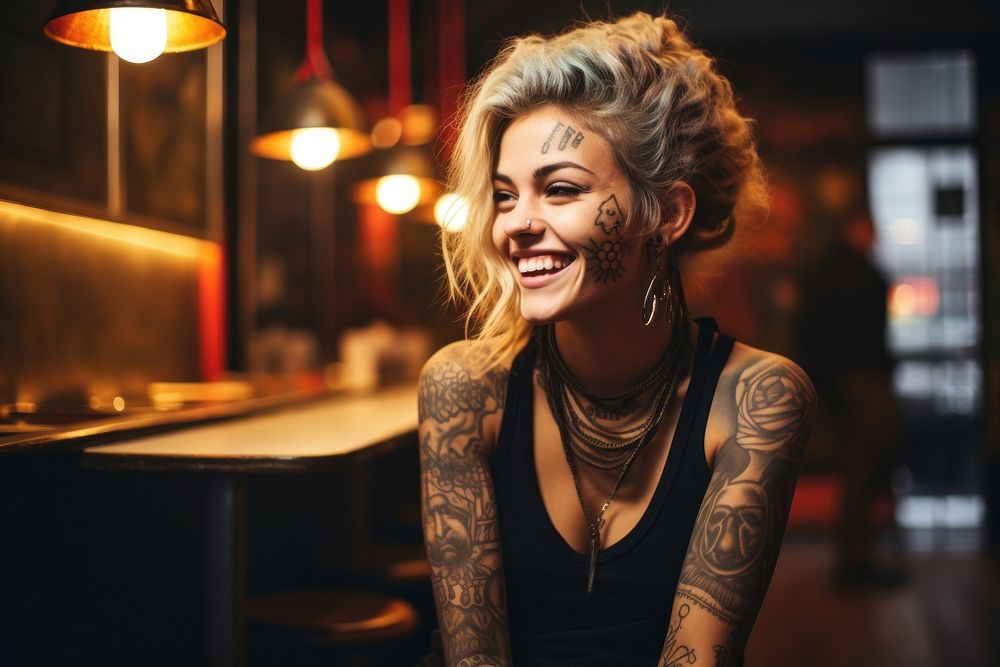 Caucasian smiling tattooed woman portrait smile photo. AI generated Image by rawpixel.