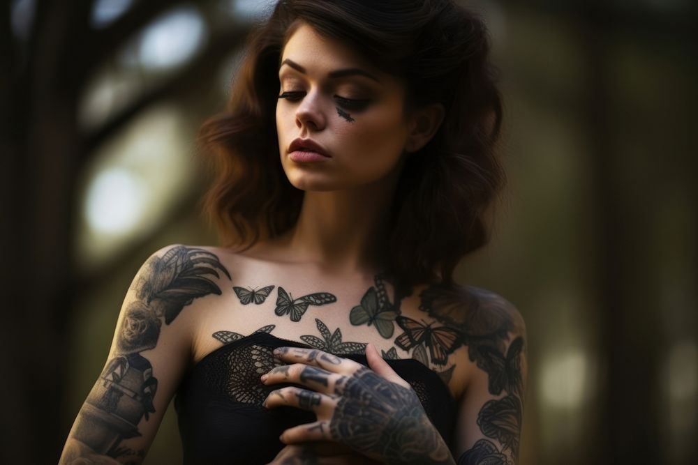 Woman with a butterfly tattoo on her arm individuality contemplation monochrome. AI generated Image by rawpixel.