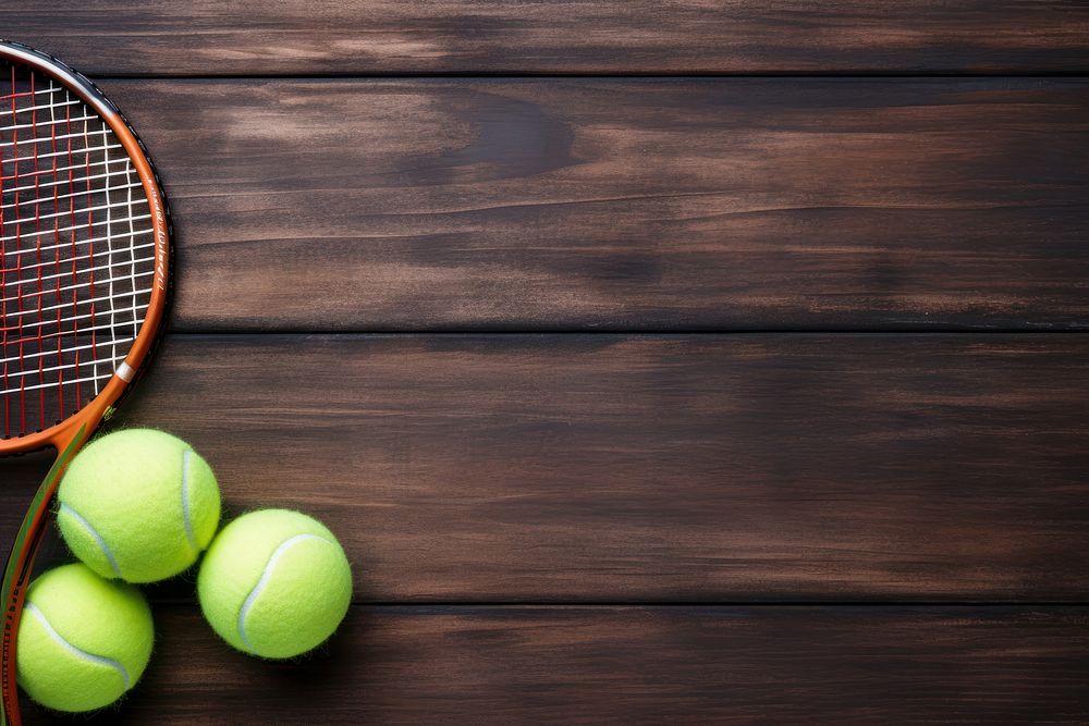 Tennis equipment border on wooden table sports racket ball. AI generated Image by rawpixel.