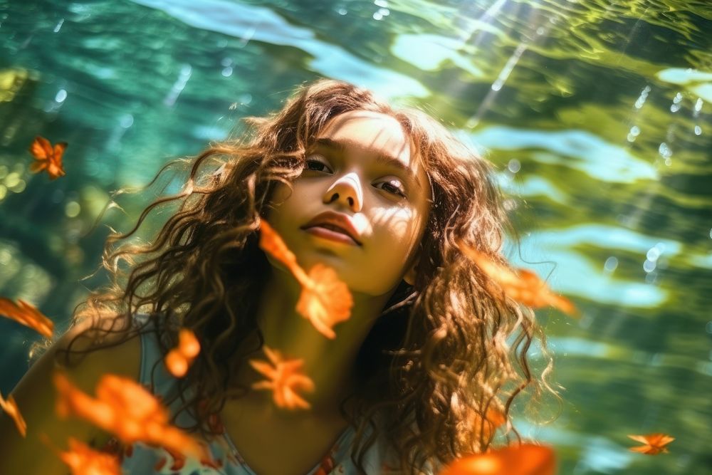 A Latina Brazilian teenage girl enjoying her experience swimming underwater portrait summer adult. AI generated Image by…