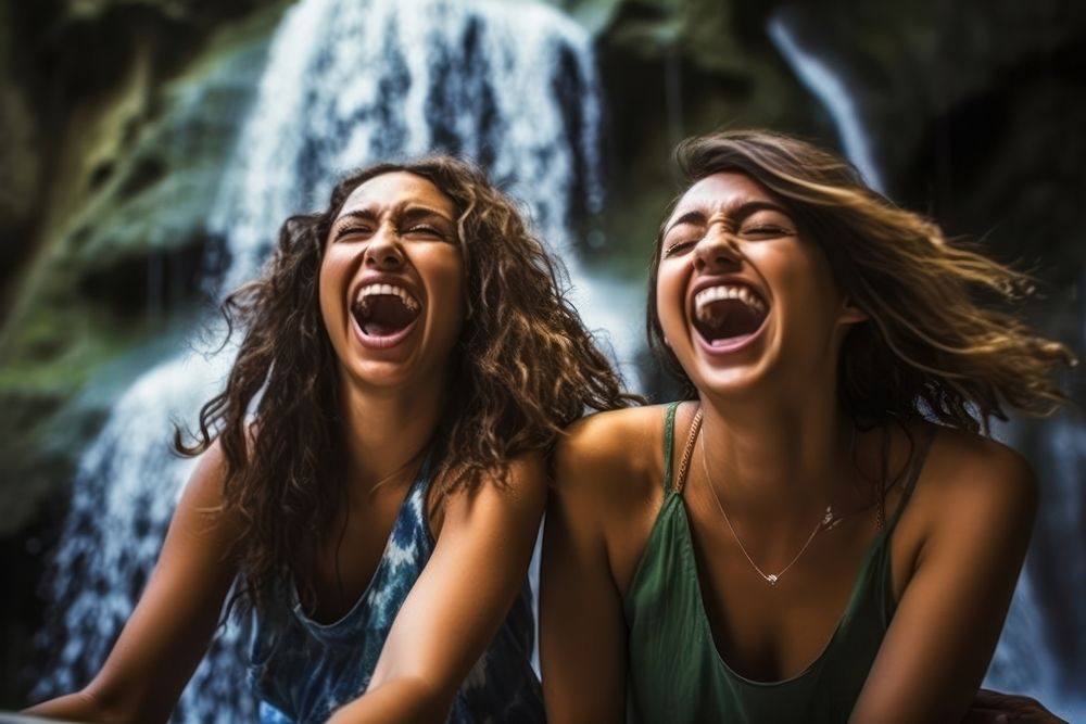 Two Latina Brazilian young woman friends in a moment of joy at a tropical waterfall laughing shouting summer. AI generated…