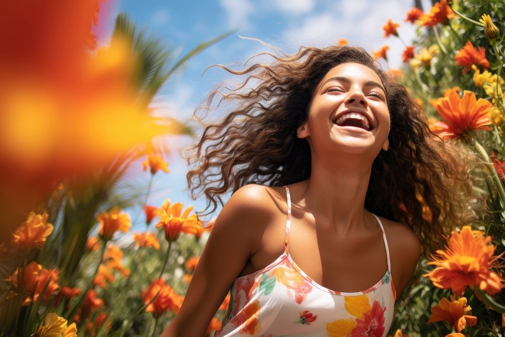 Latina Brazilian teenage girl flower laughing summer. 