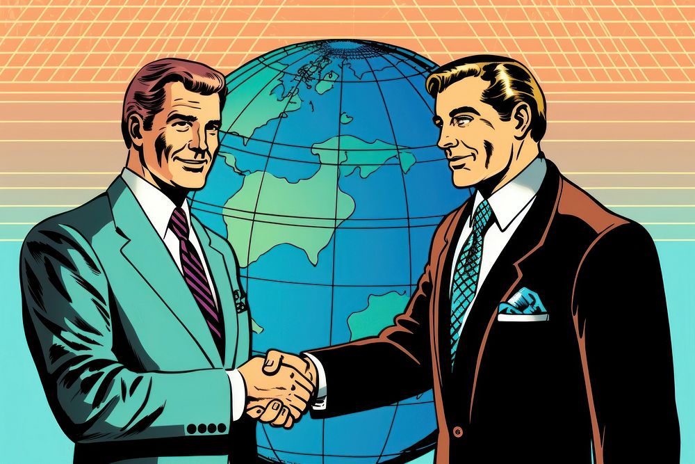 Two businessmen shaking hands in front of a grid globe adult togetherness businesswear. AI generated Image by rawpixel.