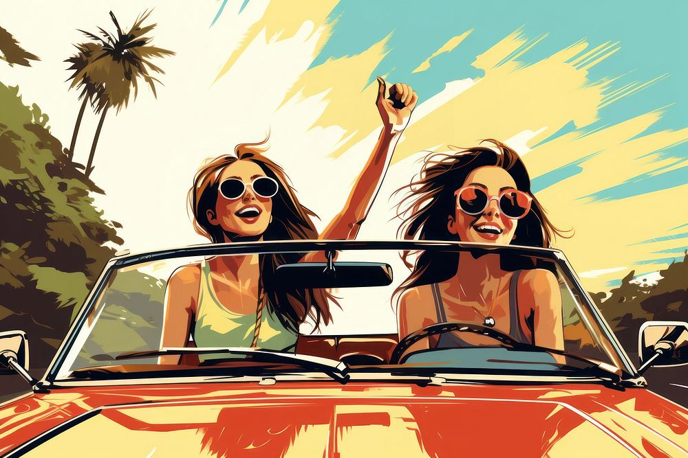 Two girls on a convertible car sunglasses vacation vehicle. AI generated Image by rawpixel.