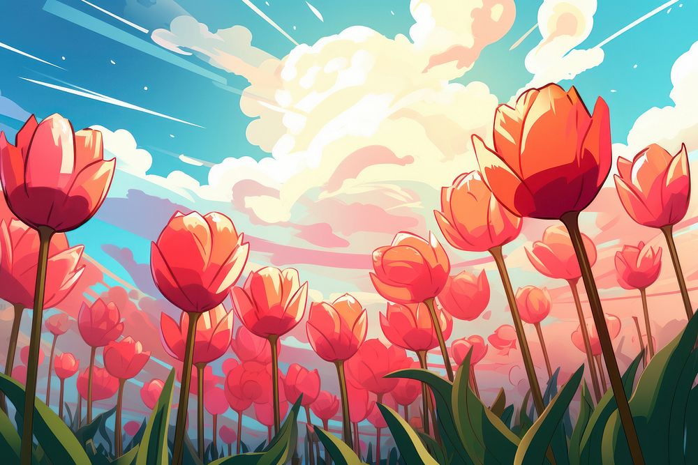 Tulip flower field sunlight outdoors blossom. AI generated Image by rawpixel.
