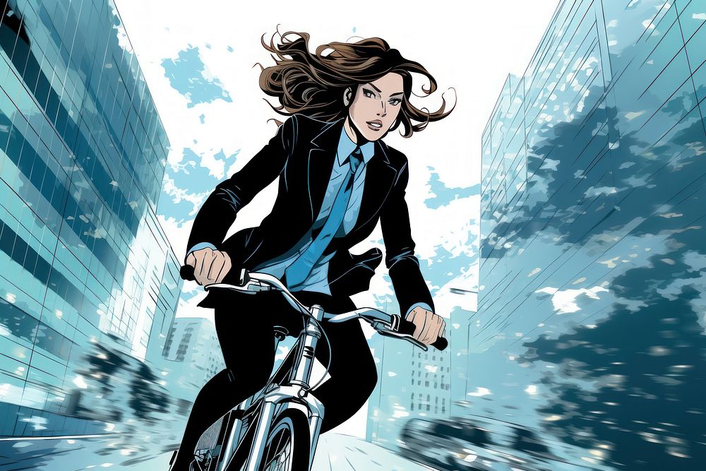 A businesswoman riding bicycle to work vehicle comics adult. AI generated Image by rawpixel.