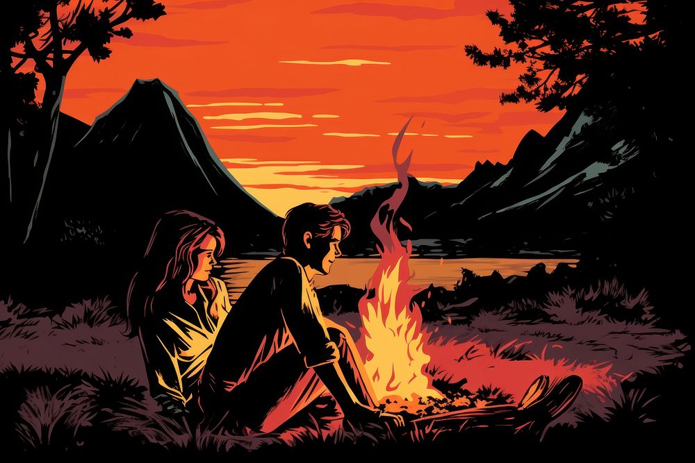 A couple sitting by the campfire outdoors bonfire nature. AI generated Image by rawpixel.
