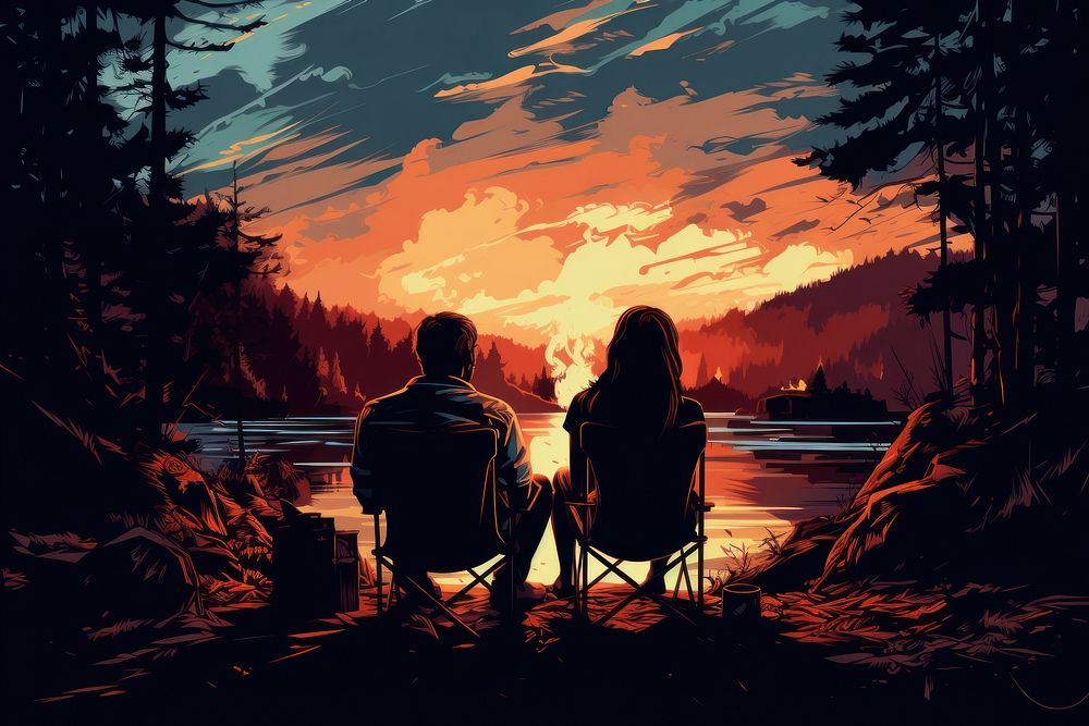A couple sitting by the campfire outdoors nature adult. AI generated Image by rawpixel.