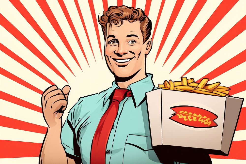 Fast food worker holding a box full of french fries adult accessories happiness. AI generated Image by rawpixel.