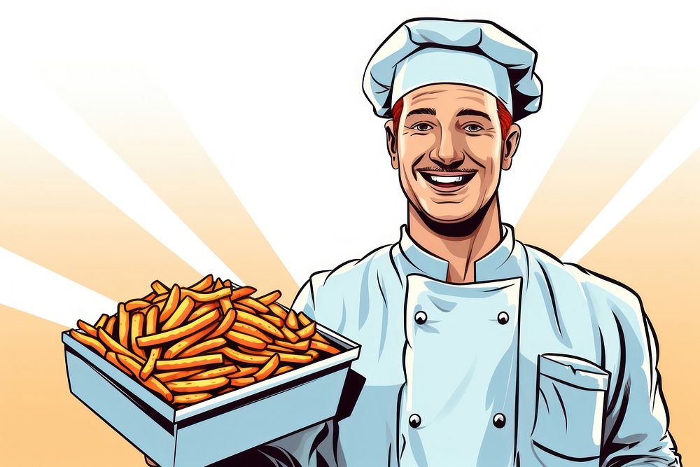 Fast food worker holding a box full of french fries adult happiness freshness. AI generated Image by rawpixel.