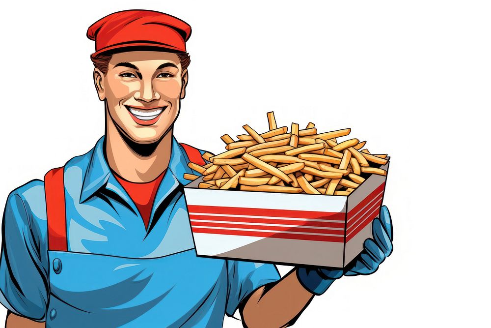 Fast food worker holding a box full of french fries adult happiness freshness. AI generated Image by rawpixel.