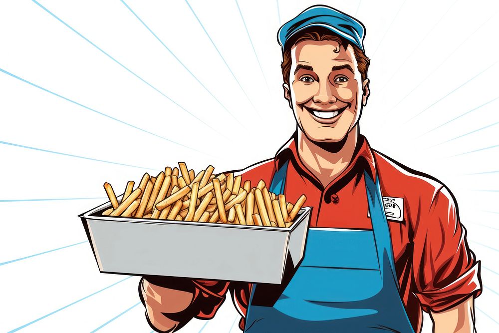 Fast food worker holding a box full of french fries adult freshness happiness. AI generated Image by rawpixel.