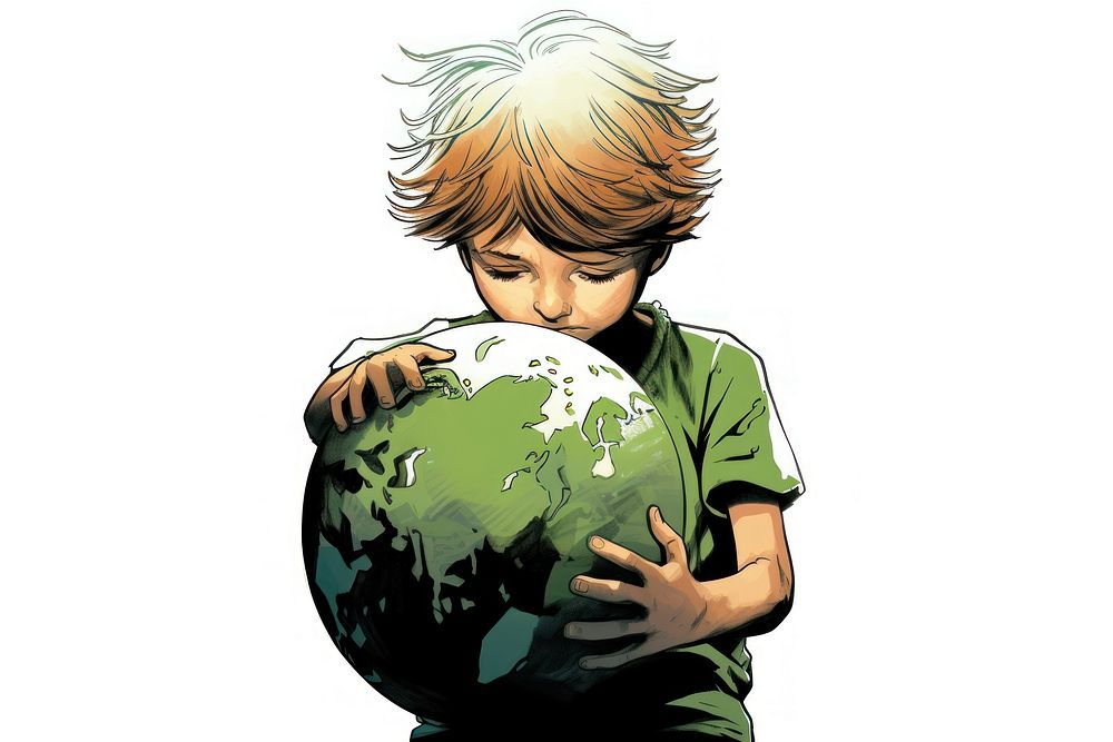 A little boy hugging a green globe space astronomy standing. AI generated Image by rawpixel.