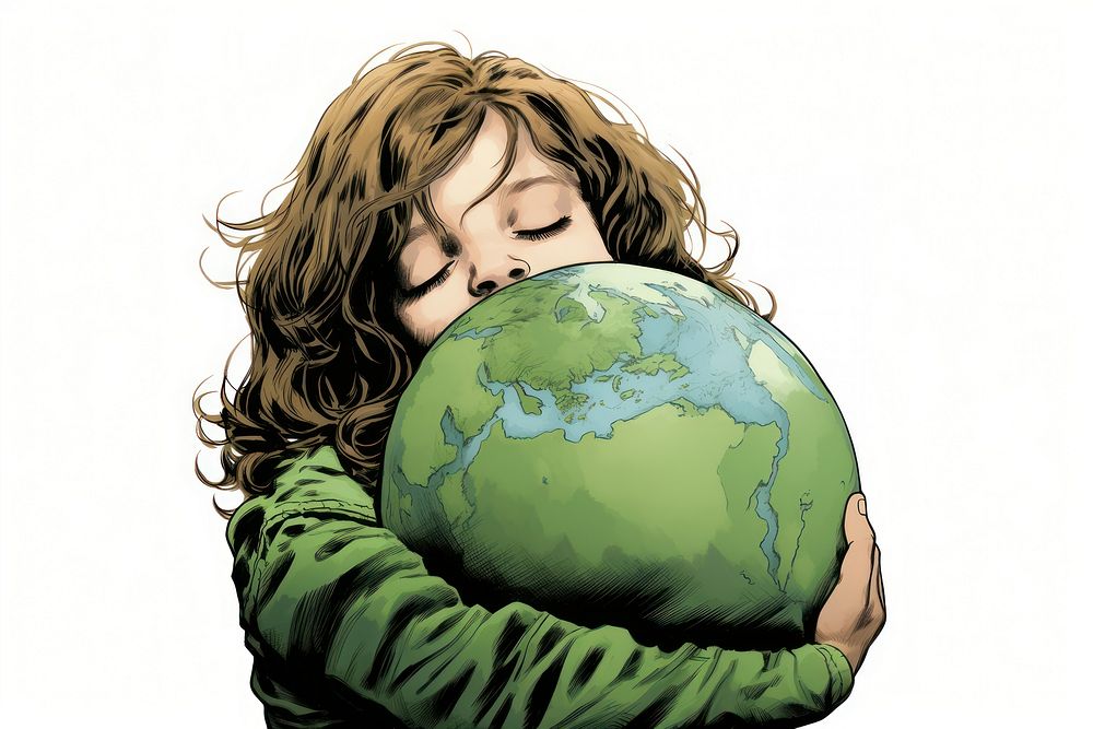 A little girl hugging a green globe planet space adult. AI generated Image by rawpixel.