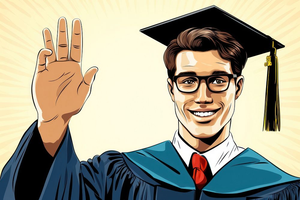 University student man with presenting hand graduation education glasses. AI generated Image by rawpixel.