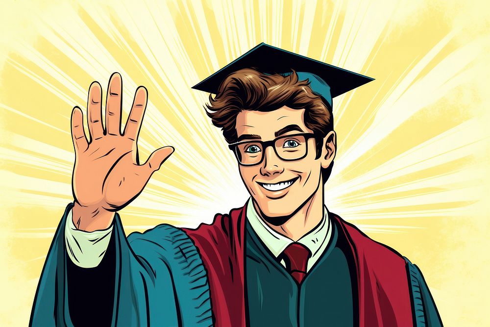 University student man with presenting hand graduation education glasses. AI generated Image by rawpixel.