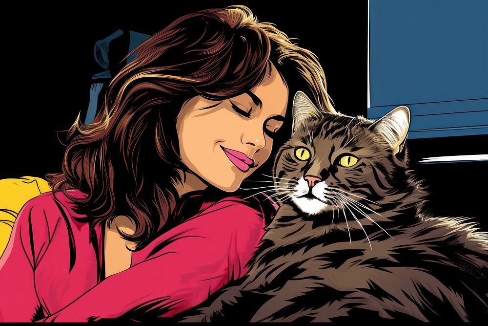 A woman cuddling her cat mammal animal comics. AI generated Image by rawpixel.