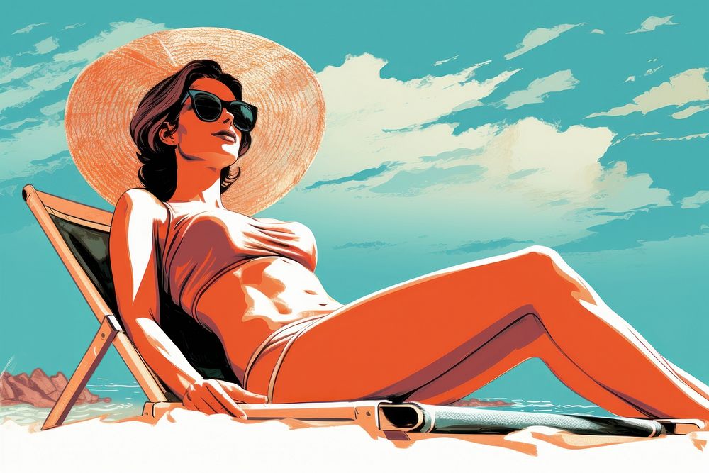 A woman sunbathing on the beach swimwear comics adult. AI generated Image by rawpixel.