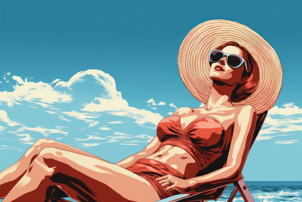 A woman sunbathing on the beach swimwear outdoors adult. AI generated Image by rawpixel.