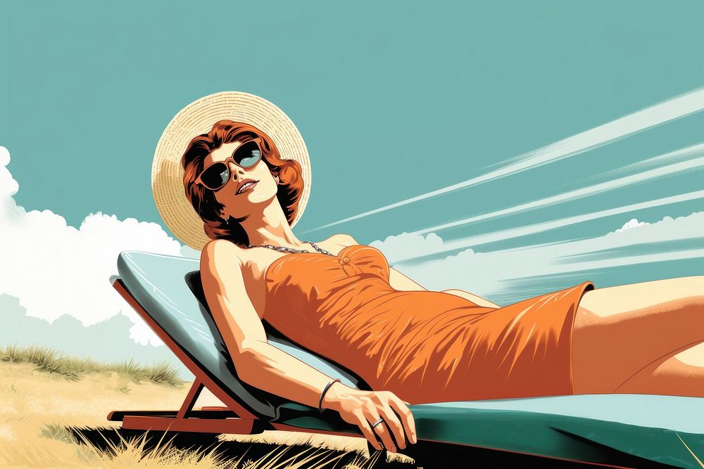 A woman sunbathing on the beach comics adult sunglasses. AI generated Image by rawpixel.