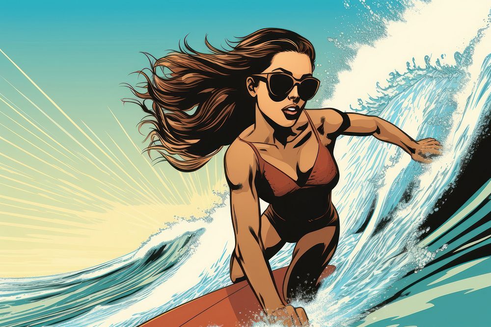 A woman surfing outdoors cartoon sports. AI generated Image by rawpixel.