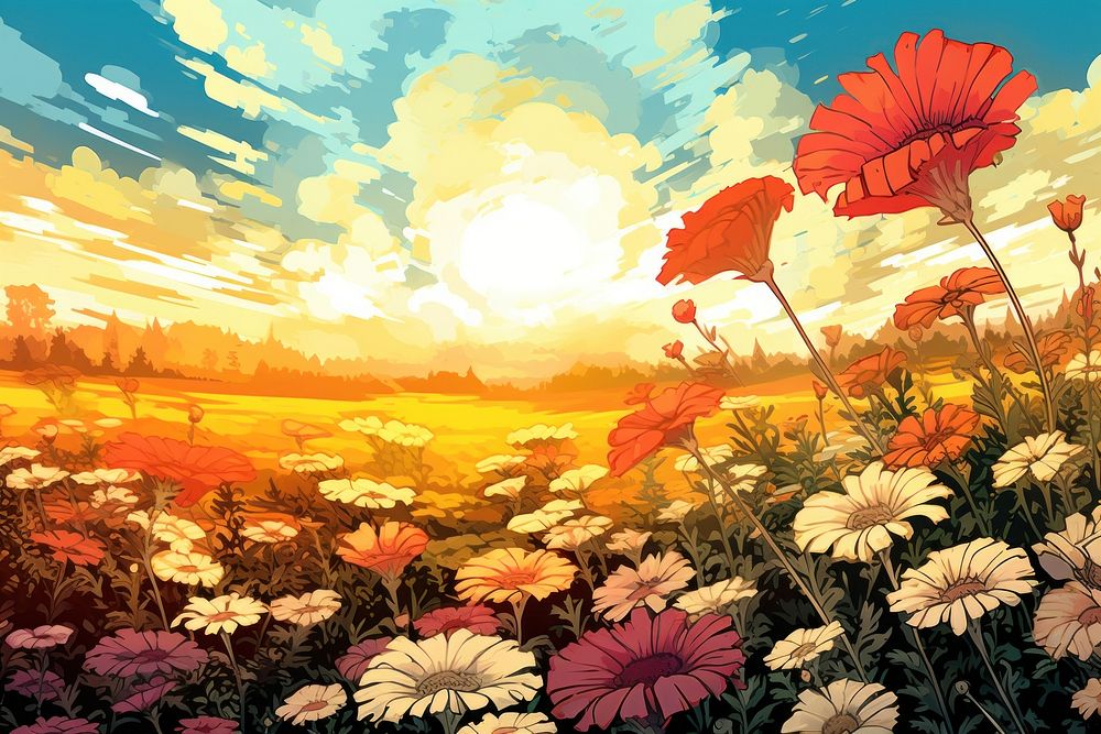 Colorful flower field sunlight landscape outdoors. AI generated Image by rawpixel.
