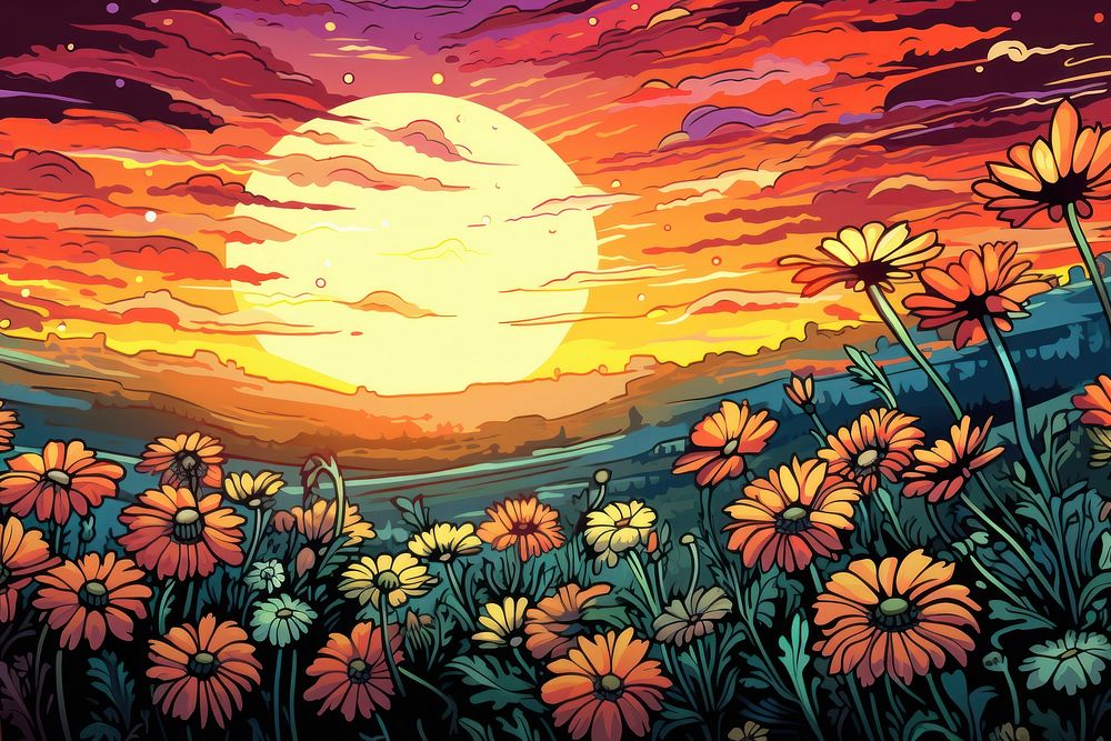 Colorful flower field sunlight outdoors painting. AI generated Image by rawpixel.
