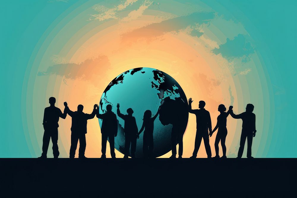 Silhouette of people holding hands around a globe togetherness planet adult. AI generated Image by rawpixel.