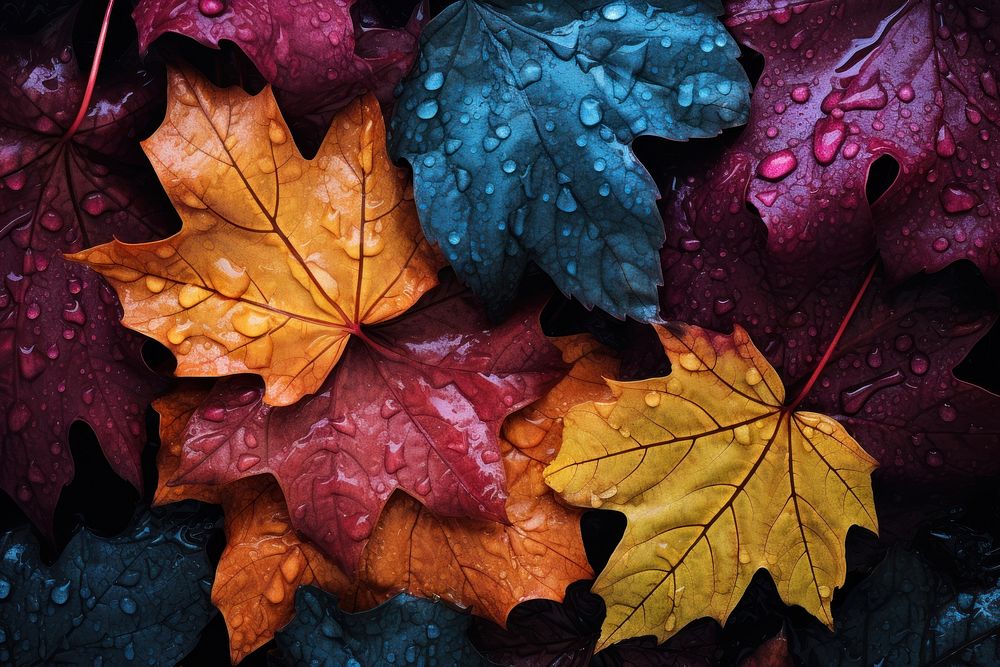 Wet fall leaves in abstract with various color dyes maple plant leaf. AI generated Image by rawpixel.