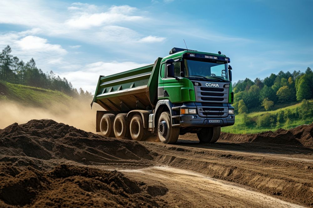 Dump truck moving soil on ground in construction site vehicle transportation semi-truck. AI generated Image by rawpixel.